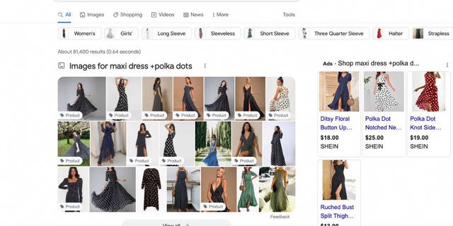 Screenshot of searching for maxi dresses on Google using plus and minus signs.