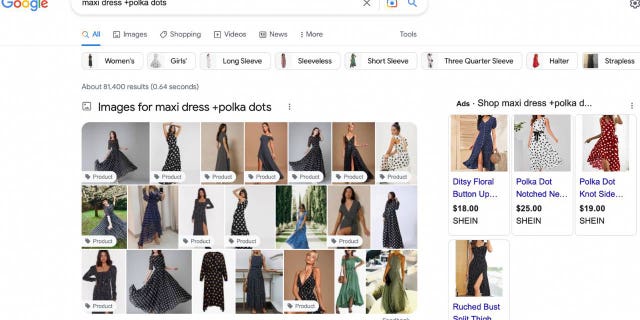 Screenshot of searching for maxi dresses on Google using plus and minus signs.