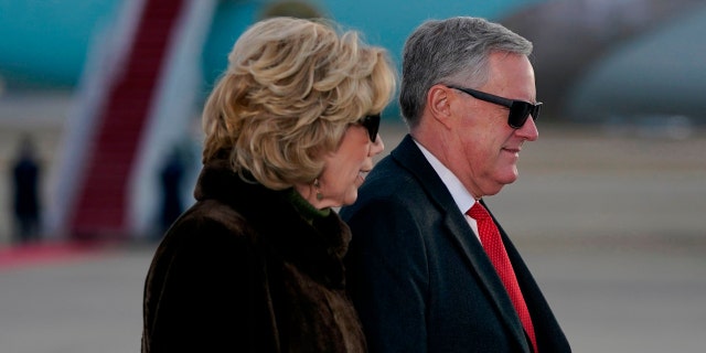 Former White House Chief of Staff Mark Meadows and his wife Debbie Meadows at Joint Base Andrews in Maryland on Jan. 20, 2021.