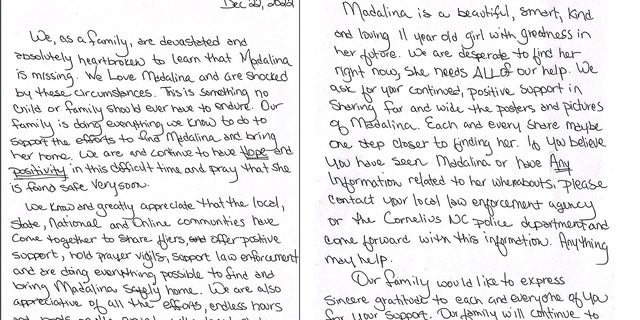 Investigators on Thursday shared a handwritten, personal message from the family of Madalina Cojocari.