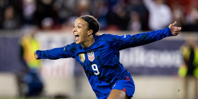 Mallory Pugh #9 of United States celebrates her goal in the second half of the women's international friendly match against Germany at Red Bull Arena on November 13, 2022 in Harrison, New Jersey.