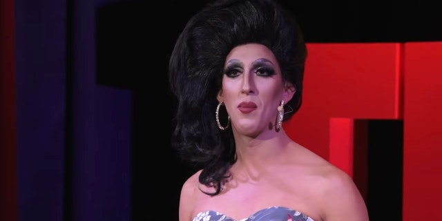 Drag queen performer Marti Cummings gives a talk in Massachusetts in 2019.