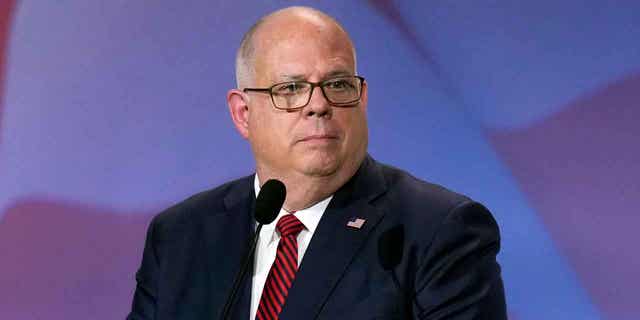 Maryland Governor Larry Hogan speaking at the Republican Jewish Coalition's annual leadership conference in Las Vegas on November 18, 2022.