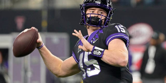TCU quarterback Max Duggan throws before the Big 12 Conference championship game against Kansas State on Dec. 3, 2022, in Arlington, Texas.