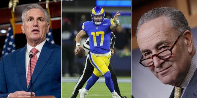 A trifold photo of House Minority Leader Kevin McCarthy, Senate Majority Leader Chuck Schumer, and Los Angeles Rams Quarterback Baker Mayfield