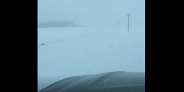 Winter storm conditions along a road in Cambridge, Minnesota, on Wednesday afternoon.