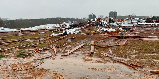 A chicken farm was damaged from a tornado on Wednesday, Dec. 14, 2022 in Pelahatchi, Miss. 
