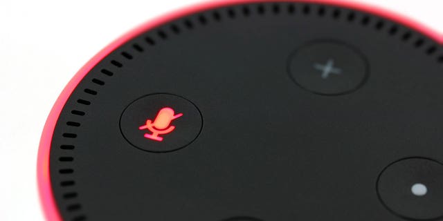 An Amazon Echo Dot with a red ring and Alexa muted