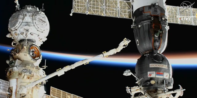 The European robotic arm controlled by cosmonaut Anna Kikina surveys the Soyuz MS-22 crew ship after the detection of a leak that canceled Wednesday’s spacewalk.