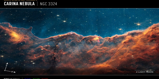 Image of the Cosmic Cliffs, a region at the edge of a gigantic, gaseous cavity within NGC 3324, captured by Webb’s Near-Infrared Camera (NIRCam), with compass arrows, scale bar, and color key for reference. The north and east compass arrows show the orientation of the image on the sky. Note that the relationship between north and east on the sky (as seen from below) is flipped relative to direction arrows on a map of the ground (as seen from above). The scale bar is labeled in light-years, which is the distance that light travels in one Earth-year. It takes 2 years for light to travel a distance equal to the length of the bar. One light-year is equal to about 5.88 trillion miles or 9.46 trillion kilometers. This image shows invisible near-infrared wavelengths of light that have been translated into visible-light colors. The color key shows which NIRCam filters that were used when collecting the light. The color of each filter name is the visible light color used to represent the infrared light that passes through that filter. Webb’s NIRCam was built by a team at the University of Arizona and Lockheed Martin’s Advanced Technology Center.