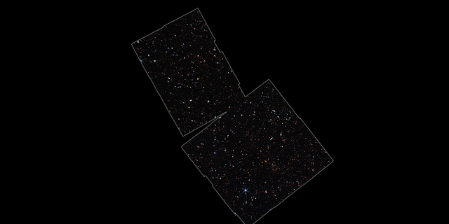 This image taken by the James Webb Space Telescope highlights the region being studied by the Webb Advanced Deep Extragalactic Survey (JADES).  This region is in and around the Hubble Space Telescope's ultra-deep field.  The scientists used the Webb NIRCam instrument to observe the field in nine different infrared wavelength ranges.  In these images, the team looked for faint galaxies that are visible in the infrared, but whose spectra break off sharply at a critical wavelength.  They took additional observations (not shown here) with Webb's NIRSpec instrument to measure the redshift of each galaxy and reveal the properties of the gas and stars in those galaxies.  In this image, blue reflects 1.15 microns (115 W), green reflects 2.0 microns (200 W), and red reflects 4.44 microns (444 W).
