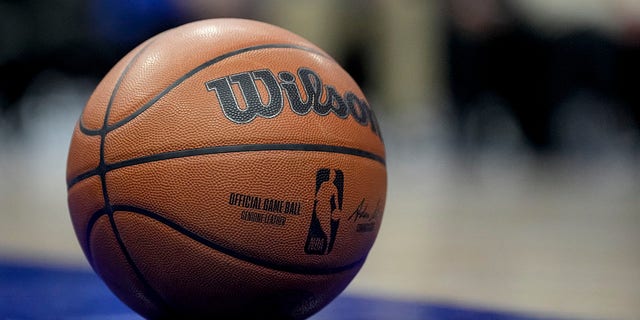 A Wilson brand basketball with the NBA logo is pictured during the game between the Detroit Pistons and Cleveland Cavaliers at Little Caesars Arena on Nov. 27, 2022 in Detroit, Michigan.