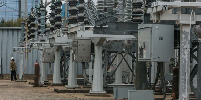 Transformers at a downtown electrical substation in Houston, Texas