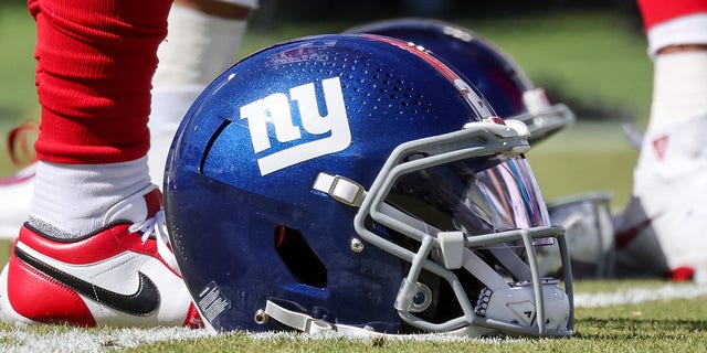 Helmet of the New York Giants at TIAA Bank Field on October 23, 2022 in Jacksonville, Florida.