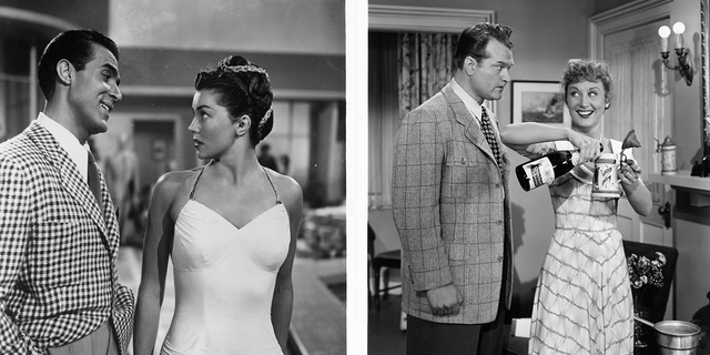 Left: Ricardo Montalbán (José O'Rourke) smiles at swimsuit-wearing Esther Williams (Eve Barrett) in a scene from the film 'Neptune's Daughter.' Right: Red Skelton (Jack Spratt) watches Betty Garrett (Betty Barrett) pour a drink in a scene from the film 'Neptune's Daughter.'