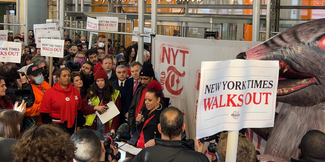 1619 Project Founder and Racial Injustice Reporter for The New York Times Nikole Hannah-Jones speaks at the New York Times walkout on December 8, 2022.  