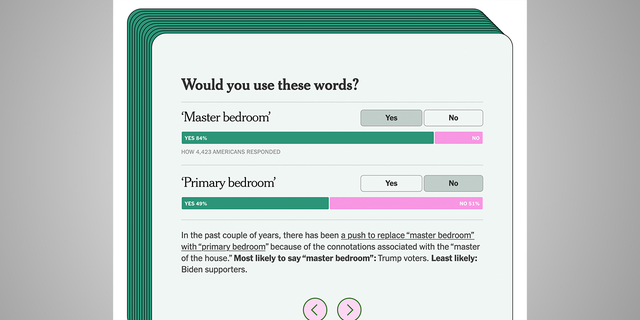 The New York Times quiz asks participants if they use the following words: "master bedroom" Also "Master bedroom."