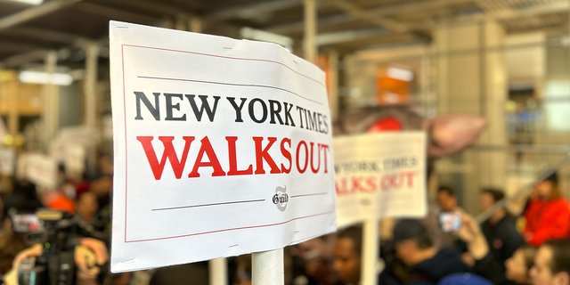 A sign for The New York Times walkout in New York City on December 8, 2022. 