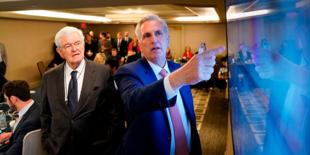 Former Speaker of the House Newt Gingrich and House Minority Leader Kevin McCarthy (R-Calif.) watch election results in a room with staffers at the Madison Hotel in Washington, D.C. on November 8, 2022. (Photo by Jabin Botsford/The Washington Post via Getty Images) 