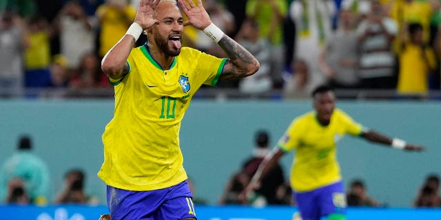 Brazil's Neymar celebrates after scoring his side's second goal against South Korea in Al Rayyan, Qatar, Monday, Dec. 5, 2022.