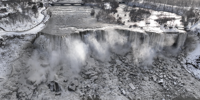 Aerial view of Niagara Falls on the Canadian border, in Niagara Falls, New York, on Tuesday