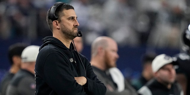 Philadelphia Eagles head coach Nick Sirianni looks on during the second half of an NFL football game against the Dallas Cowboys on Saturday, December 24, 2022, in Arlington, Texas. 