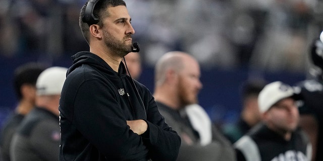 Philadelphia Eagles head coach Nick Sirianni looks on during the second half of an NFL football game against the Dallas Cowboys on Saturday, December 24, 2022, in Arlington, Texas. 