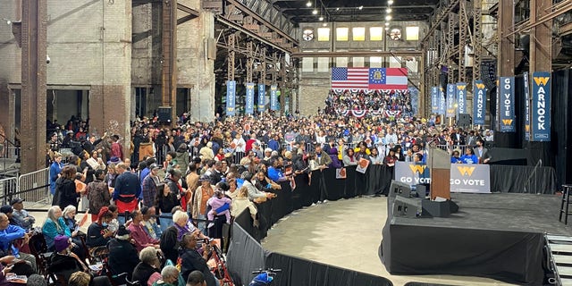 A large crowd of Democratic activists and supporters gathers in Atlanta on Dec. 1, 2022 for a rally for Sen. Raphael Warnock headlined by former President Barack Obama, five days ahead of the Georgia Senate runoff election.