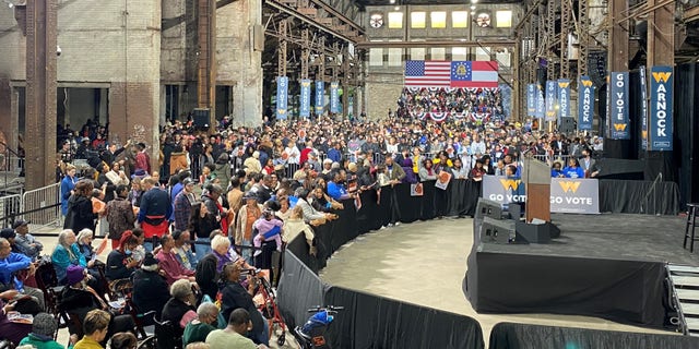 A large crowd of Democratic activists and supporters gathers in Atlanta on Dec. 1, 2022 for a rally for Sen. Raphael Warnock headlined by former President Barack Obama, five days ahead of the Georgia Senate runoff election.