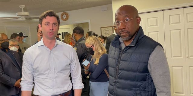 Democratic Georgia Sens. Jon Ossoff, left, and Raphael Warnock, right, speak with Fox News Digital during a press gaggle following a campaign even in Athens, Georgia on Dec. 4, 2022.