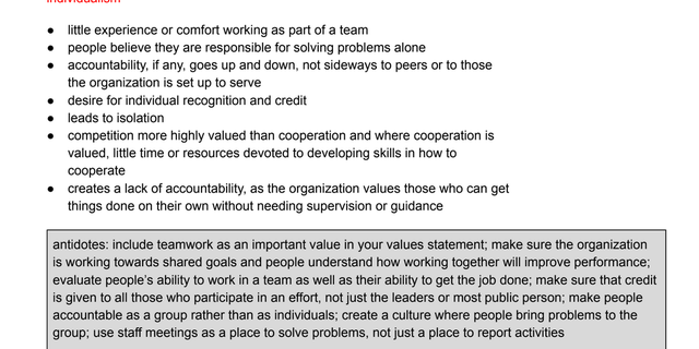 PESB’s presentation argued that individualism and the "desire for individual recognition and credit" creates a "lack of accountability, as the organization values those who can get things done on their own without needing supervision or guidance."