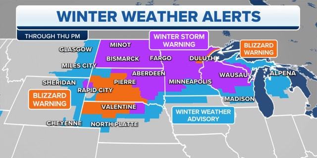 Winter weather alerts in the Plains, Midwest