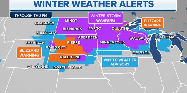 Winter weather alerts in the Plains, Midwest