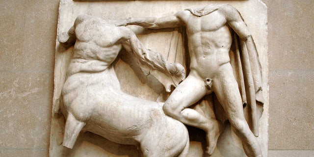 Part of a metope depicting the battle between Centaurs and Lapiths.