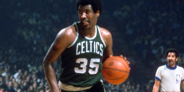 Paul Silas, #35 of the Boston Celtics, dribbles the ball against the Washington Bullets during an NBA basketball game circa 1975 at the Capital Centre in Landover, Maryland. Silas played for the Celtics from 1972 to 1976.