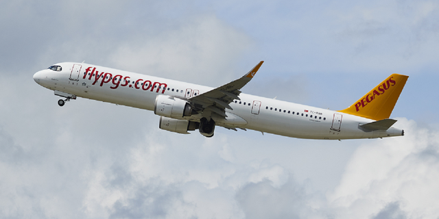 A Pegasus airline aircraft takes off at Cointrin airport in Geneva, Switzerland on June 24, 2021. One of the airline's planes reportedly made an emergency landing Wednesday, Dec. 7 in Barcelona, Spain.