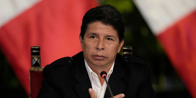 FILE - Peruvian President Pedro Castillo gives a press conference at the presidential palace in Lima, Peru, Oct. 11, 2022. On Wednesday, Dec. 7, 2022, Castillo faces a third impeachment attempt by Congress. (WHD Photo/Martin Mejia, File)