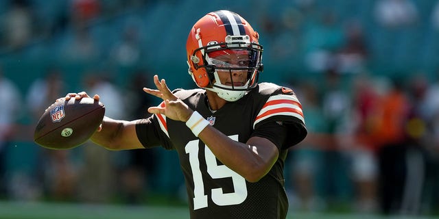 Joshua Dobbs of the Cleveland Browns warms up before a game against the Miami Dolphins at Hard Rock Stadium on November 13, 2022 in Miami Gardens, Florida.