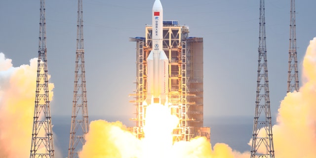 A Long March-5B Y2 rocket carrying the core module of China's space station, Tianhe, blasts off from the Wenchang Spacecraft Launch Site on April 29, 2021, in Wenchang, Hainan Province of China.