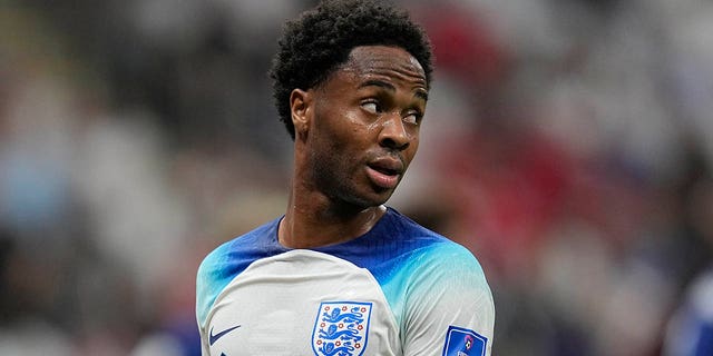 England's Raheem Sterling looks down the field during the World Cup group B soccer match between England and The United States, at the Al Bayt Stadium in Al Khor , Qatar, Friday, Nov. 25, 2022. 