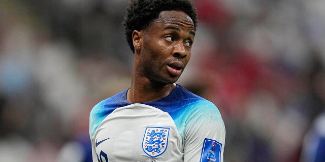 Raheem Sterling of England looks on during the World Cup Group B soccer match between England and USA at Al Bayt Stadium in Al Khor, Qatar on Friday 25th November 2022.