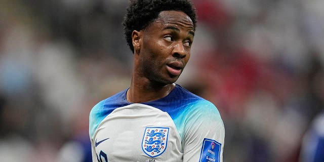 England's Raheem Sterling looks down the field during the World Cup group B soccer match between England and The United States, at the Al Bayt Stadium in Al Khor , Qatar, Friday, Nov. 25, 2022. 