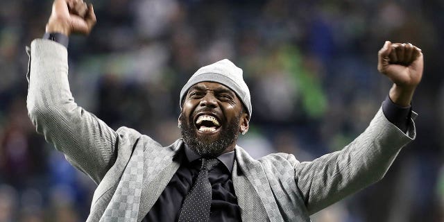 Former NFL player and current ESPN personality Randy Moss reacts during pregame before the game between the Minnesota Vikings and the Seattle Seahawks at CenturyLink Field on Dec. 2, 2019 in Seattle.