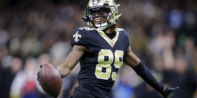 New Orleans Saints wide receiver Rashid Shaheed scores a touchdown against the Atlanta Falcons during a NFL football game in New Orleans on Sunday, Dec 18, 2022.
