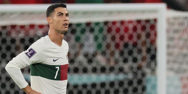 Portugal's forward #07 Cristiano Ronaldo reacts during the Qatar 2022 World Cup quarter-final football match between Morocco and Portugal at the Al-Thumama Stadium in Doha on December 10, 2022.