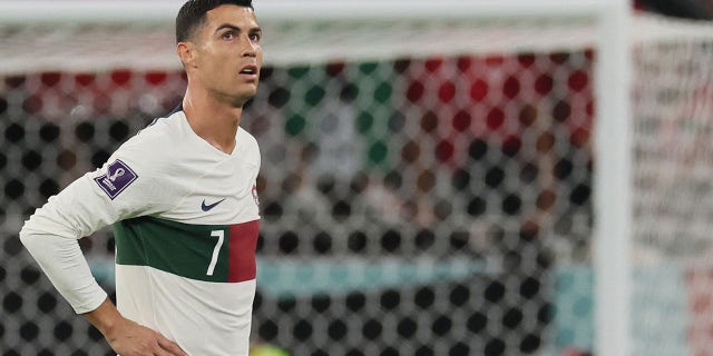 Portugal's forward #07 Cristiano Ronaldo reacts during the Qatar 2022 World Cup quarter-final football match between Morocco and Portugal at the Al-Thumama Stadium in Doha on December 10, 2022.