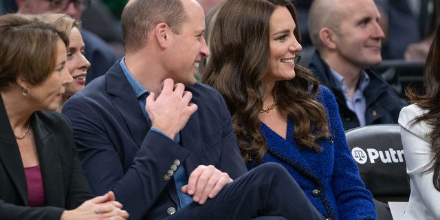 Prince William and Kate Middleton watch the game between the Boston Celtics and Miami Heat at TD Garden on Nov. 30, 2022, in Boston.