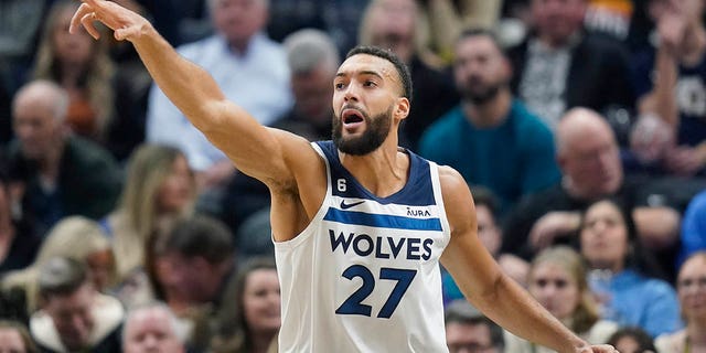 Minnesota Timberwolves center Rudy Gobert plays defense during the first half of the team's game against the Utah Jazz Dec. 9, 2022, in Salt Lake City.