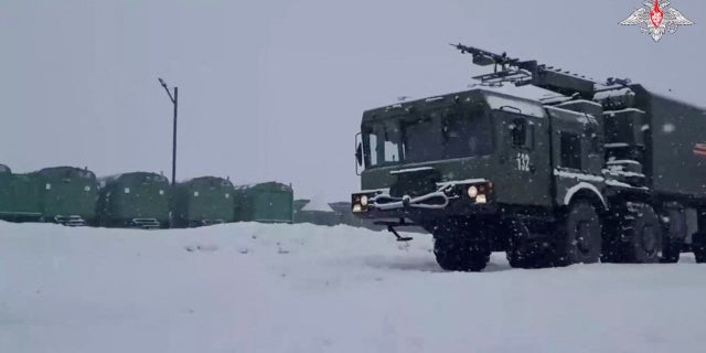 A military vehicle of the Russian Bastion coastal missile system is seen on duty on the Kuril island of Paramushir on Dec. 5, 2022.