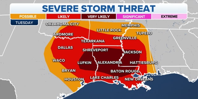 A severe storm threat on Tuesday for the Gulf Coast